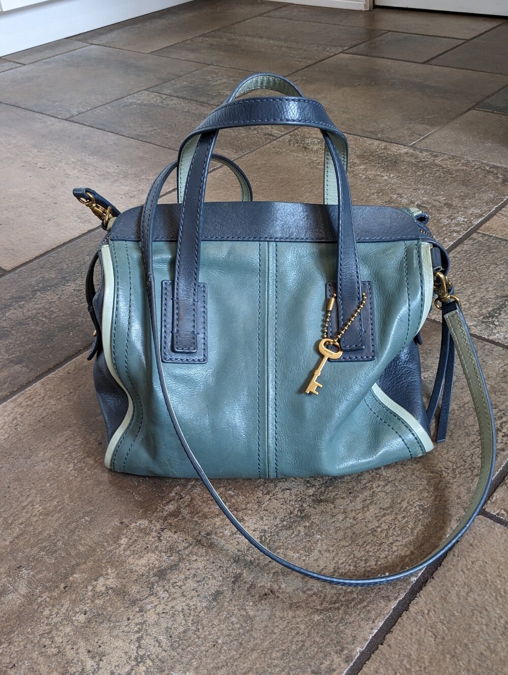 Fossil Emma Leather Satchel/Crossbody Bag Two Tone Supple Y2K Baddie Blue/Green